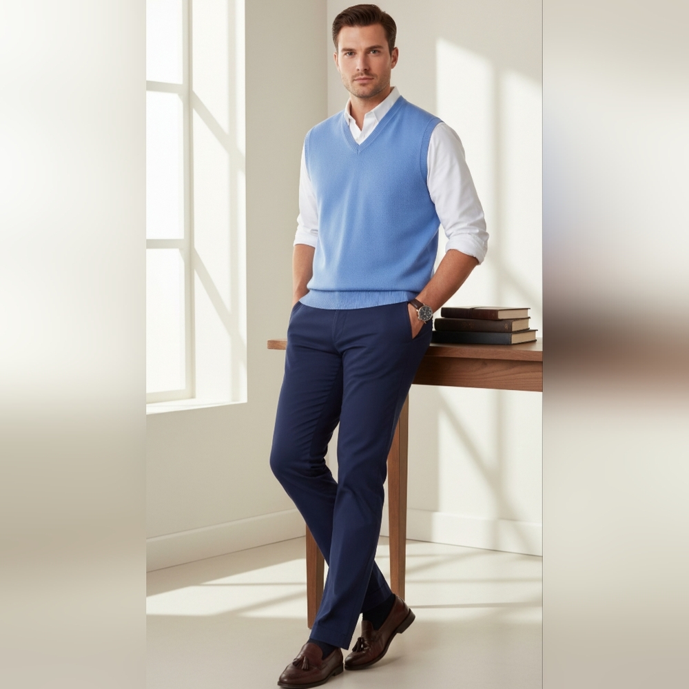 Lands End Blue VNeck Sweater Vest 2XL NWOT Classic Knit Preppy Golf Country Club